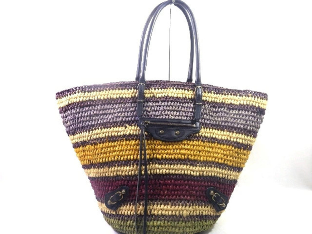 Balenciaga bag tote raffia hand Straw Tan calfskin multi